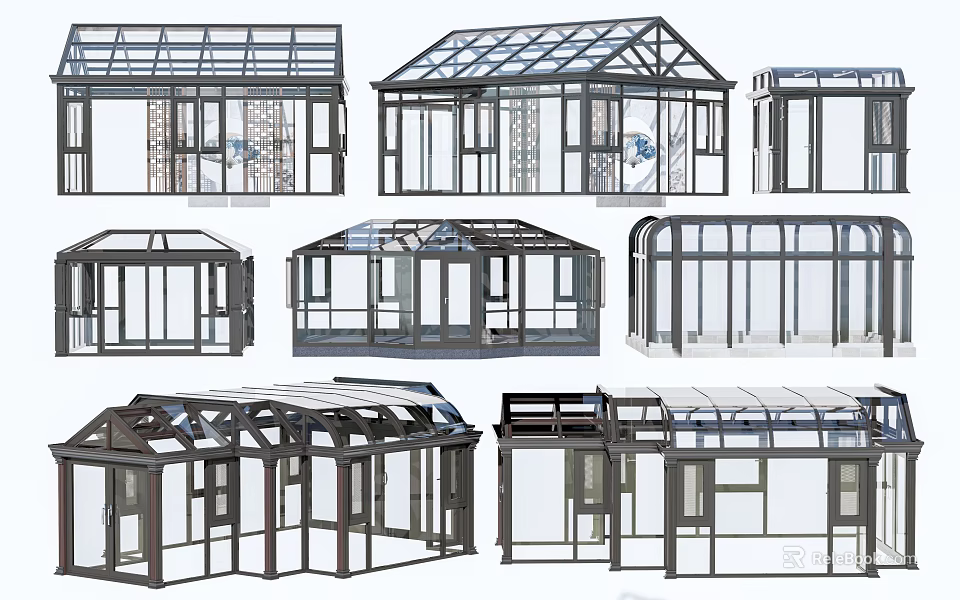 Various Glass House Designs With Different Roof Structures And Frame Styles 3d model 