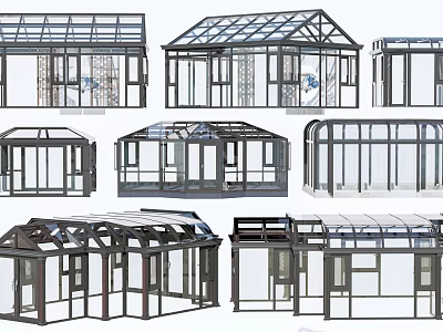 Various Glass House Designs With Different Roof Structures And Frame Styles 3d model