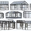 Various Glass House Designs With Different Roof Structures And Frame Styles 3d model