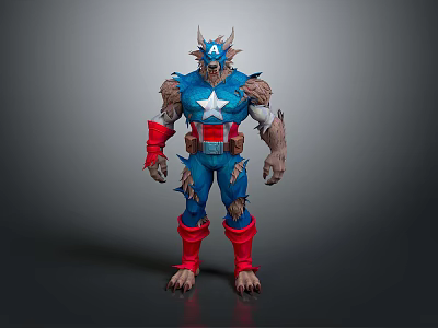 Man In Blue Costume With White Star Red Boots And Wolf Like Features 3d model
