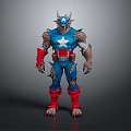 Man In Blue Costume With White Star Red Boots And Wolf Like Features