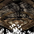 Elegant Banquet Hall With Ornate Ceiling Golden Decor Stage And Floral Arrangements
