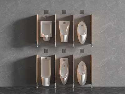 Modern Urinals Arranged on Gray Marble Wall with Wooden Partitions 3d model