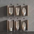 Modern Urinals Arranged on Gray Marble Wall with Wooden Partitions