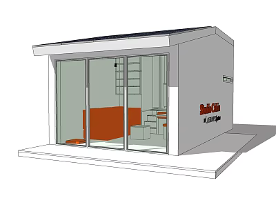 Boutique Guesthouse Building With White Exterior Glass Doors Solar Panels And Orange Sofa 3d model