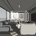 Modern Living And Dining Room Interior With Grey Sofa White Armchair And Large Windows