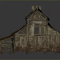 Dilapidated Old Wooden House With Broken Red Roof Tiles And Exposed Structure