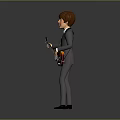 3D Brown Haired Male Game Movie Character in Gray Suit Holding Red Brown Electric Guitar