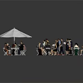 Indoor Gathering Scene With Many People Tables Chairs And Large Umbrella