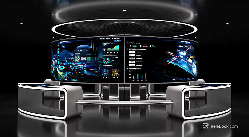 Modern Tech Exhibition Booth With Large Digital Screens And Data Visualization Panels 3d model 