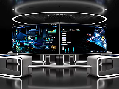 Modern Tech Exhibition Booth With Large Digital Screens And Data Visualization Panels 3d model