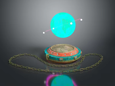 Decorative Household Storage Box With Gold Chain And Glowing Blue Sphere 3d model