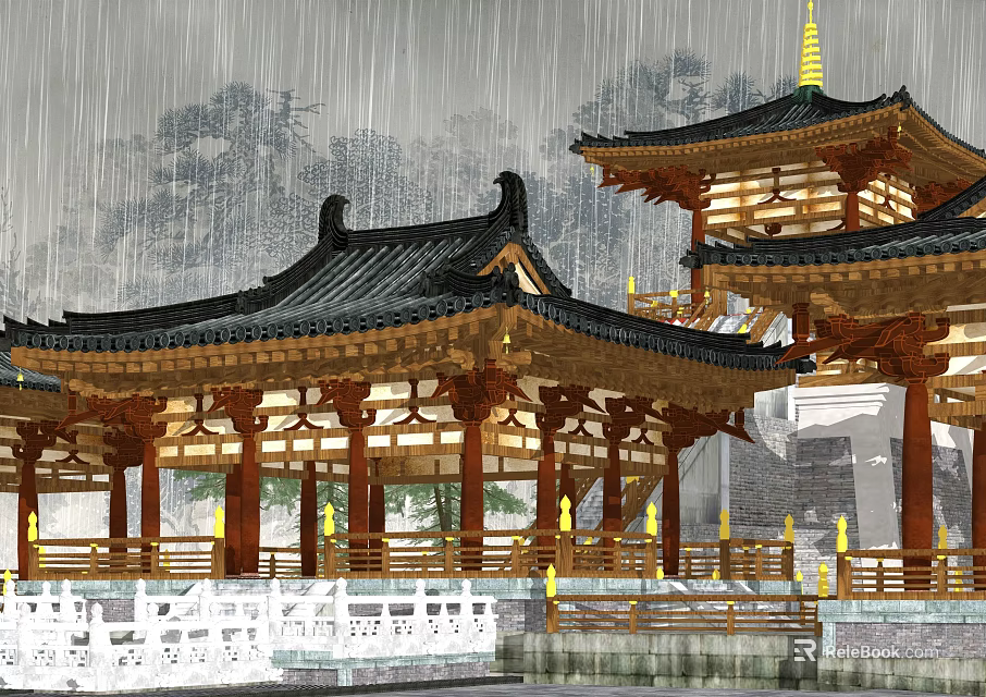 Traditional Chinese Pavilion With Black Tiled Roof Wooden Structure In Rainy Scenic View 3d model 