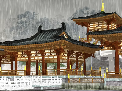 Traditional Chinese Pavilion With Black Tiled Roof Wooden Structure In Rainy Scenic View 3d model