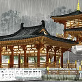 Traditional Chinese Pavilion With Black Tiled Roof Wooden Structure In Rainy Scenic View