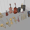 Assorted Musical Instruments and Art Supplies Display Including Violins Cellos Guitars Saxophones and Trombones
