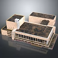 Modern Architectural Building Model With Modular Structure Flat Roof And Large Glass Windows