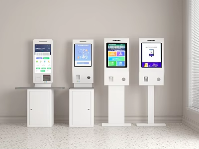 Four Modern Self Service Kiosks With Interactive Digital Displays And White Bases 3d model