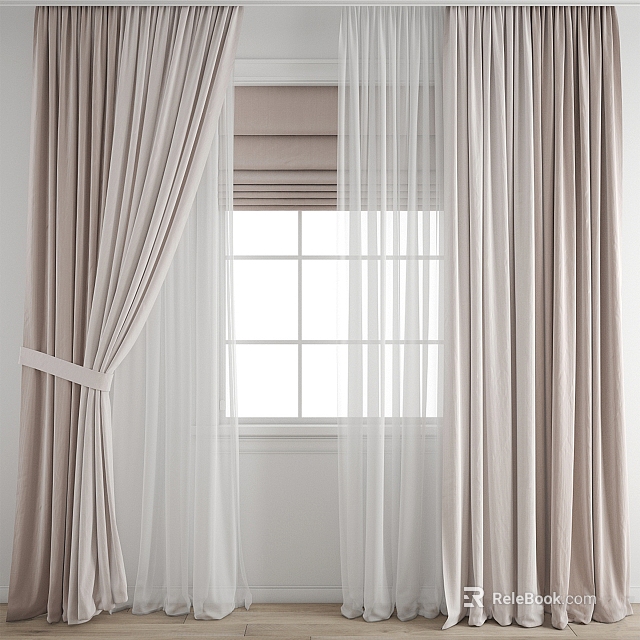 Elegant Soft Beige Curtains With Sheer Panels Tied With Sashes And Grid Window 3d model 