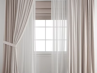 Elegant Soft Beige Curtains With Sheer Panels Tied With Sashes And Grid Window 3d model