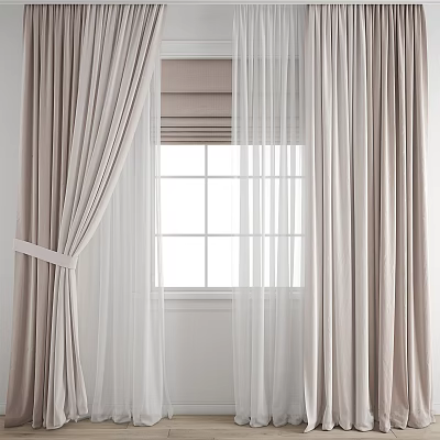 Elegant Soft Beige Curtains With Sheer Panels Tied With Sashes And Grid Window 3d model