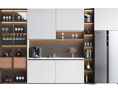Modern Kitchen Interior With Stylish Wine Cabinet White Cabinets Warm Lighting And Coffee Machine 3d model
