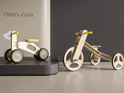Simple Wooden Childs Cycle Design With Yellow Handle And Round Wheels 3d model
