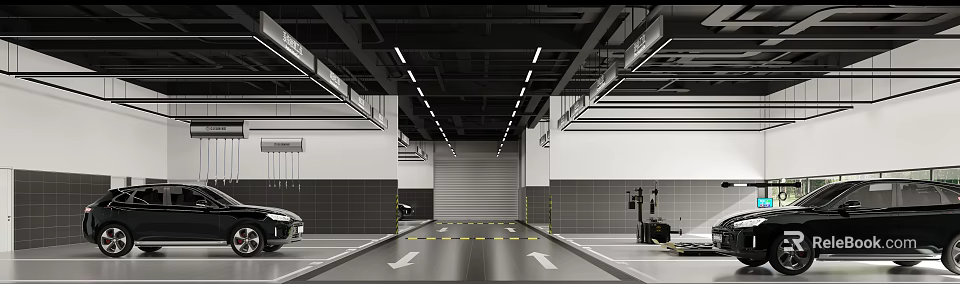 Spacious Underground Parking Garage With Lane Markings Arrow Indicators And Ceiling Lights 3d model 