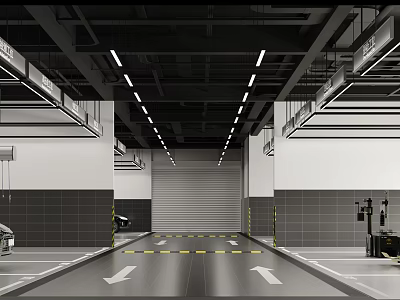 Spacious Underground Parking Garage With Lane Markings Arrow Indicators And Ceiling Lights 3d model