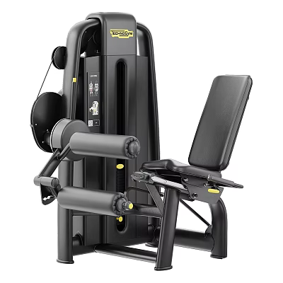 Black Leg Exercise Fitness Machine With Padded Seat Armrests And Weight Stack 3d model
