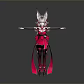 Anime Character Model With Red Outfit Rabbit Ears Pink Hair And Outstretched Arms