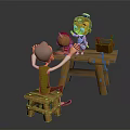 Old Man And Little Character Interacting With Small Creature On Wooden Workbench With Tools