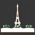 Miniature Eiffel Tower Model Surrounded By Green Trees On Square Platform 3d model