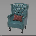 Blue Tufted Armchair With Studded Edges Red Polka Dot Pillow For Living Room