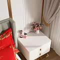 White Bedside Table With Red Tablecloth Golden Double Happiness Symbol Pink Flowers And Piggy Doll