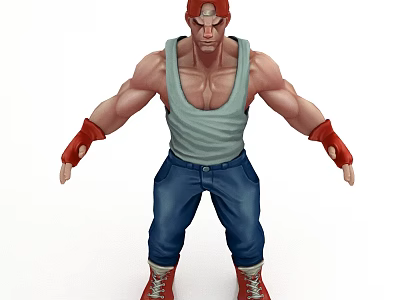 Muscular 3D Character With Red Cap Red Gloves Gray Tank Top Blue Pants Red Shoes 3d model
