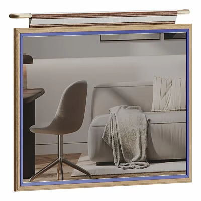 Wooden Frame Mirror Reflecting Cozy Interior With Sofa Chair Blanket Soft Lighting And Table Lamp 3d model