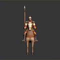 Medieval Knight In Armor Riding White Horse With Spear On Gray Background
