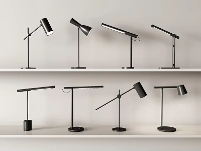Stylish Modern Desk Lamps With Multiple Designs On White Shelves 3d model