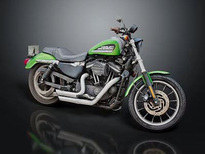Green Cruiser Motorcycle With Black Seat Chrome Exhaust And Alloy Wheels On Dark Reflective Surface 3d model