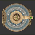 Scenic Circular Building Landscape With Blue Water Red Pillars And Wooden Platforms
