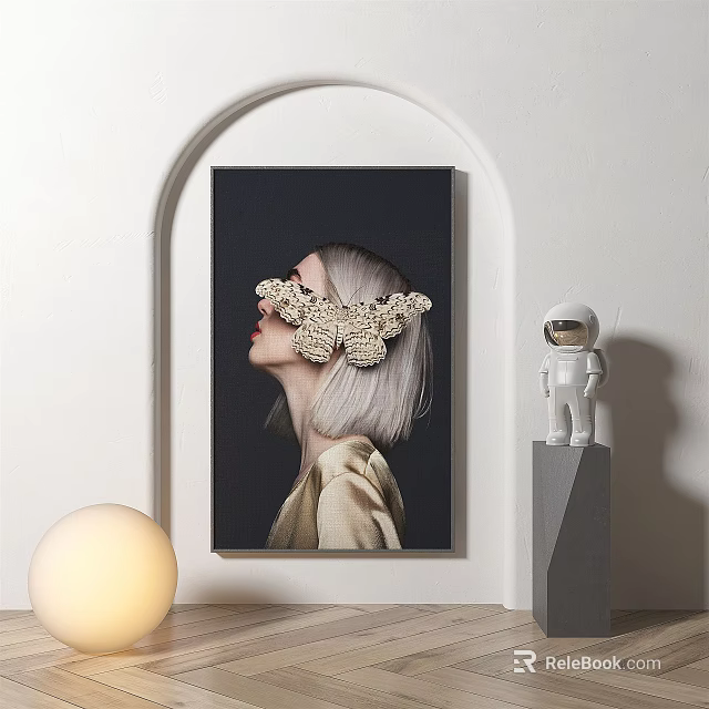 Modern Female Portrait Painting With Butterfly Shaped Decoration Light Hair Arched Frame Astronaut Figurine And Spherical Lamp 3d model 