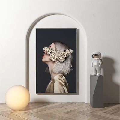 Modern Female Portrait Painting With Butterfly Shaped Decoration Light Hair Arched Frame Astronaut Figurine And Spherical Lamp 3d model