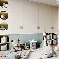 Playful Kids Room Interior With Stuffed Toys Circular Storage Cabinets Mushroom House And Play Carpet