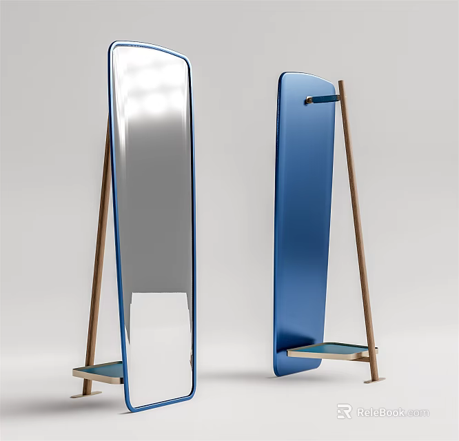 Modern Full Length Standing Mirror With Wooden Frame Blue Silver Finish And Bottom Shelf 3d model 