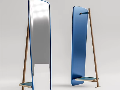 Modern Full Length Standing Mirror With Wooden Frame Blue Silver Finish And Bottom Shelf 3d model