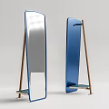 Modern Full Length Standing Mirror With Wooden Frame Blue Silver Finish And Bottom Shelf