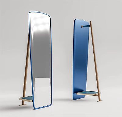 Modern Full Length Standing Mirror With Wooden Frame Blue Silver Finish And Bottom Shelf 3d model