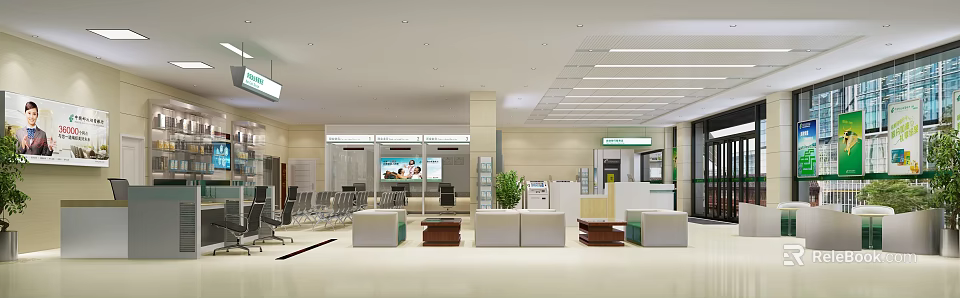 Modern Bank Lobby Interior Design With Seating Service Counter Digital Screens And Green Plants 3d model 