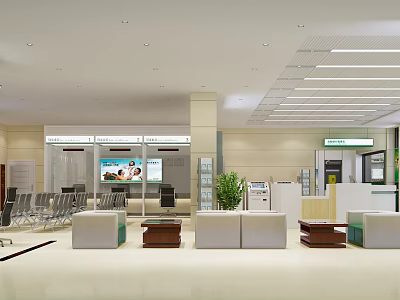 Modern Bank Lobby Interior Design With Seating Service Counter Digital Screens And Green Plants 3d model